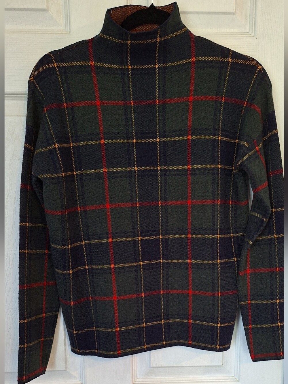 Tahari Plaid Mock Neck Sweater Green Navy Red Size Small New